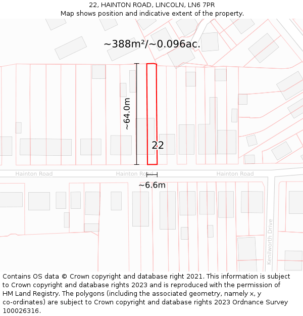 22, HAINTON ROAD, LINCOLN, LN6 7PR: Plot and title map