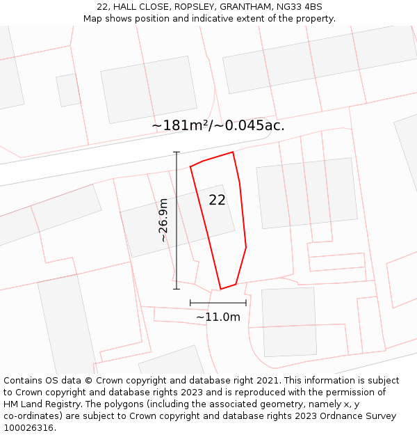22, HALL CLOSE, ROPSLEY, GRANTHAM, NG33 4BS: Plot and title map