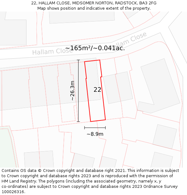 22, HALLAM CLOSE, MIDSOMER NORTON, RADSTOCK, BA3 2FG: Plot and title map