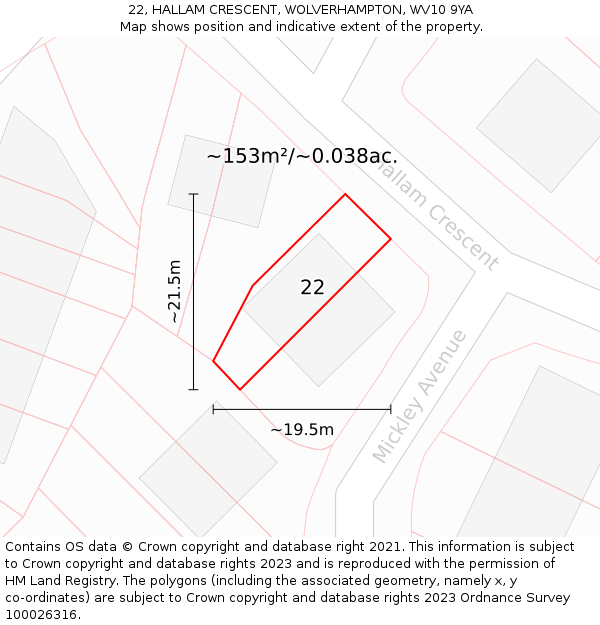 22, HALLAM CRESCENT, WOLVERHAMPTON, WV10 9YA: Plot and title map