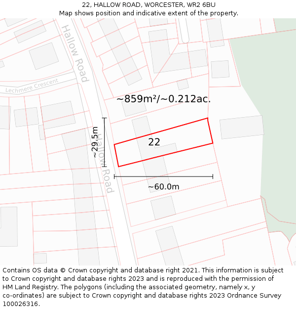 22, HALLOW ROAD, WORCESTER, WR2 6BU: Plot and title map