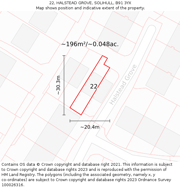 22, HALSTEAD GROVE, SOLIHULL, B91 3YX: Plot and title map