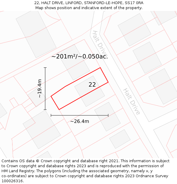 22, HALT DRIVE, LINFORD, STANFORD-LE-HOPE, SS17 0RA: Plot and title map