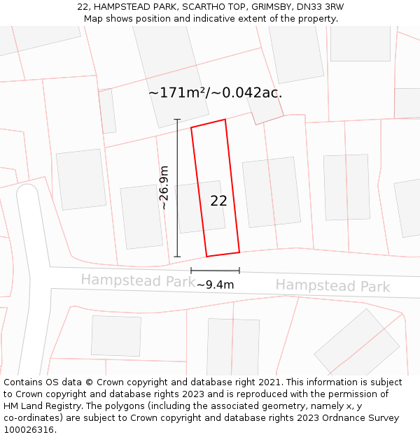 22, HAMPSTEAD PARK, SCARTHO TOP, GRIMSBY, DN33 3RW: Plot and title map