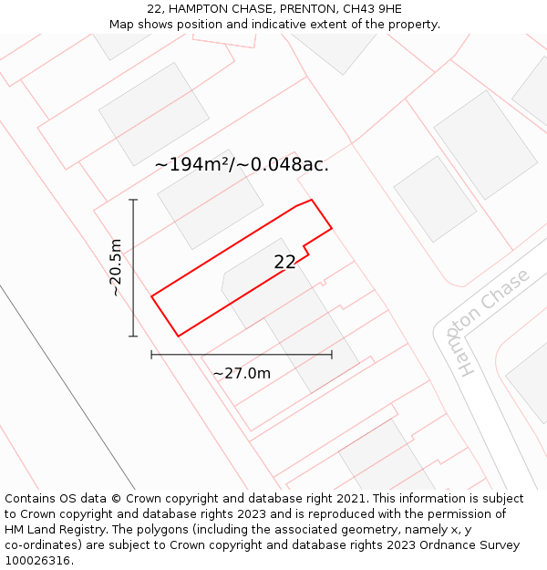 22, HAMPTON CHASE, PRENTON, CH43 9HE: Plot and title map