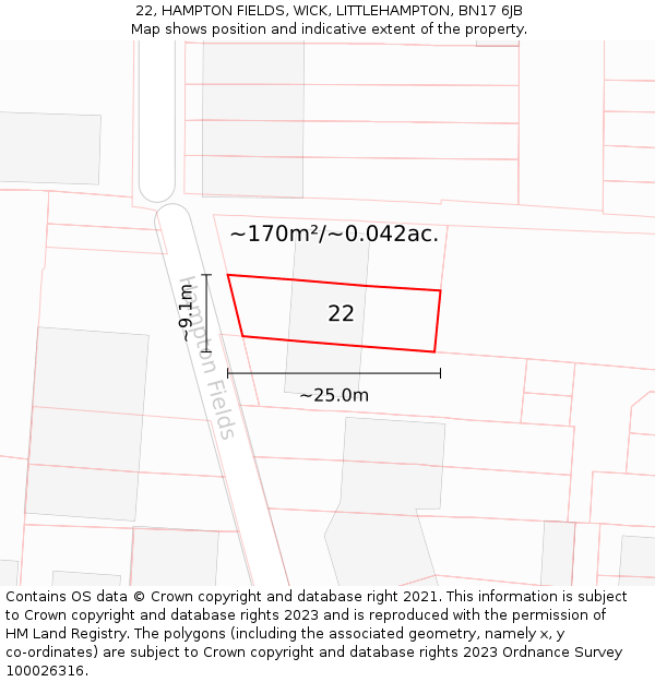 22, HAMPTON FIELDS, WICK, LITTLEHAMPTON, BN17 6JB: Plot and title map