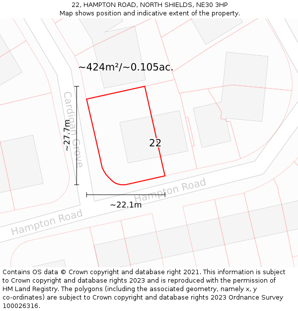 22, HAMPTON ROAD, NORTH SHIELDS, NE30 3HP: Plot and title map