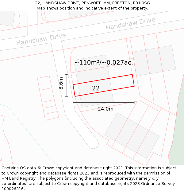 22, HANDSHAW DRIVE, PENWORTHAM, PRESTON, PR1 9SG: Plot and title map