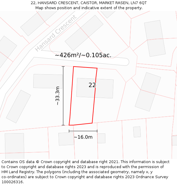 22, HANSARD CRESCENT, CAISTOR, MARKET RASEN, LN7 6QT: Plot and title map