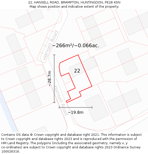 22, HANSELL ROAD, BRAMPTON, HUNTINGDON, PE28 4SN: Plot and title map