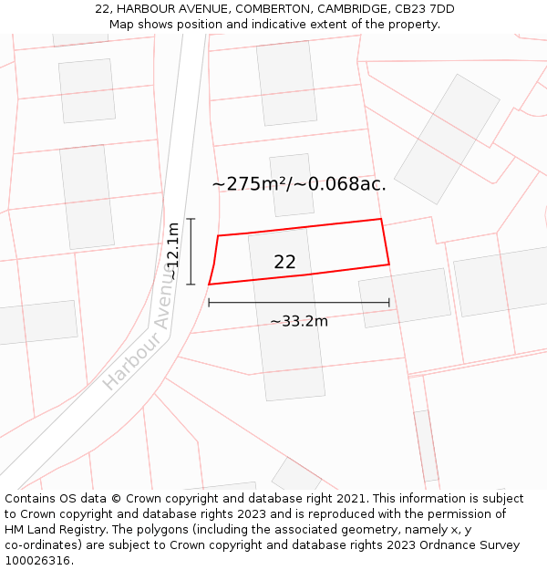 22, HARBOUR AVENUE, COMBERTON, CAMBRIDGE, CB23 7DD: Plot and title map