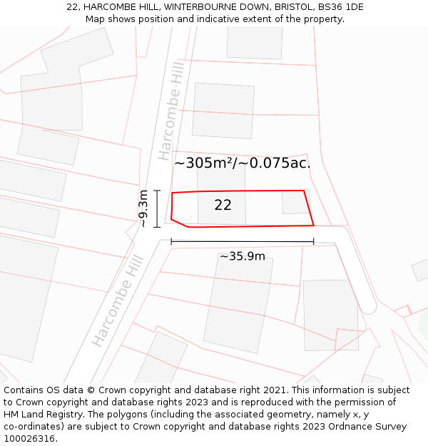 22, HARCOMBE HILL, WINTERBOURNE DOWN, BRISTOL, BS36 1DE: Plot and title map