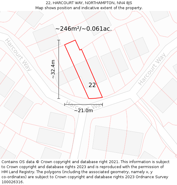 22, HARCOURT WAY, NORTHAMPTON, NN4 8JS: Plot and title map