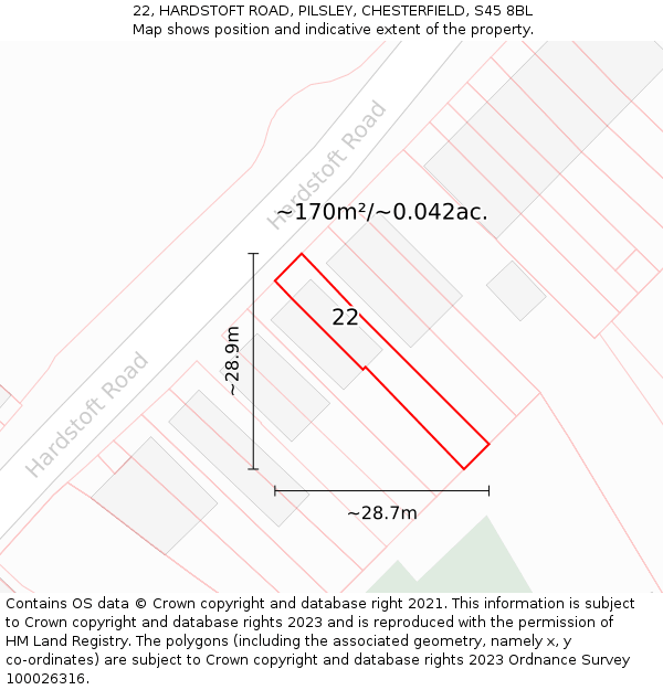 22, HARDSTOFT ROAD, PILSLEY, CHESTERFIELD, S45 8BL: Plot and title map