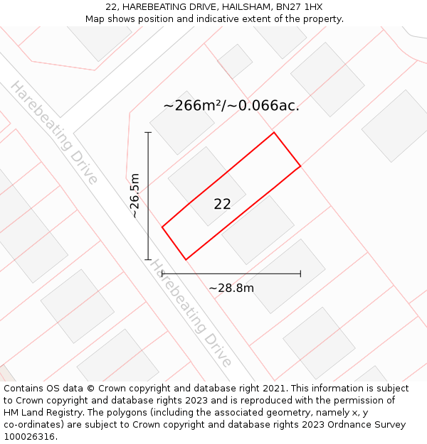 22, HAREBEATING DRIVE, HAILSHAM, BN27 1HX: Plot and title map