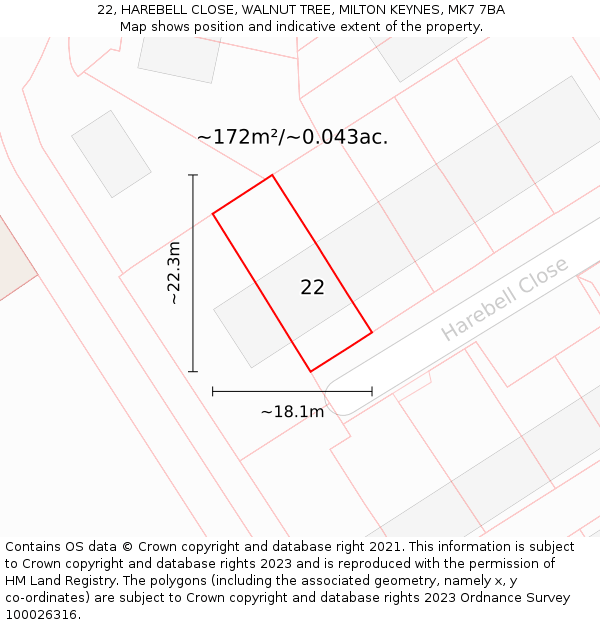 22, HAREBELL CLOSE, WALNUT TREE, MILTON KEYNES, MK7 7BA: Plot and title map