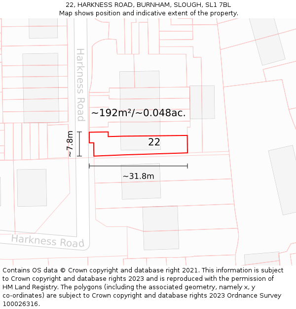 22, HARKNESS ROAD, BURNHAM, SLOUGH, SL1 7BL: Plot and title map