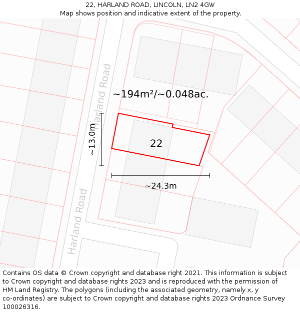 22, HARLAND ROAD, LINCOLN, LN2 4GW: Plot and title map