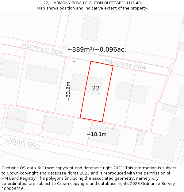 22, HARMONY ROW, LEIGHTON BUZZARD, LU7 4RJ: Plot and title map