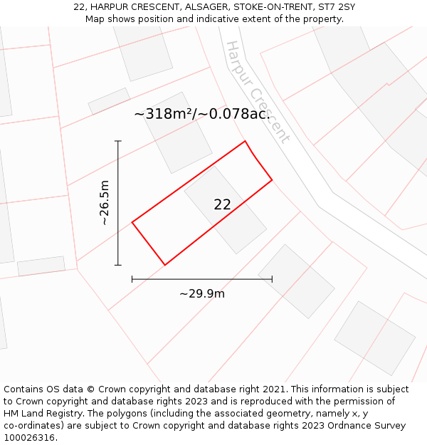 22, HARPUR CRESCENT, ALSAGER, STOKE-ON-TRENT, ST7 2SY: Plot and title map