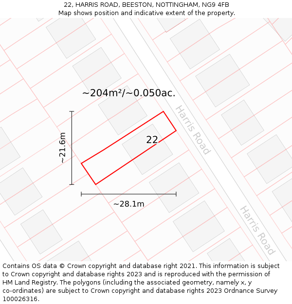 22, HARRIS ROAD, BEESTON, NOTTINGHAM, NG9 4FB: Plot and title map