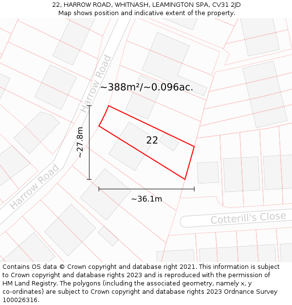 22, HARROW ROAD, WHITNASH, LEAMINGTON SPA, CV31 2JD: Plot and title map