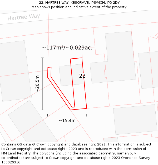 22, HARTREE WAY, KESGRAVE, IPSWICH, IP5 2DY: Plot and title map