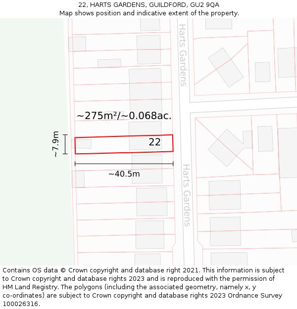 22, HARTS GARDENS, GUILDFORD, GU2 9QA: Plot and title map