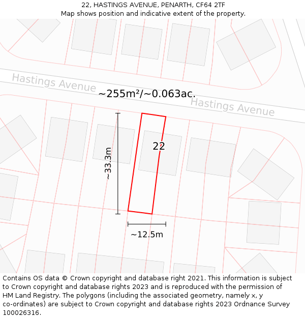 22, HASTINGS AVENUE, PENARTH, CF64 2TF: Plot and title map
