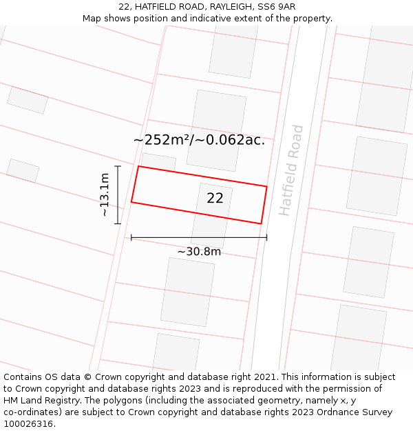 22, HATFIELD ROAD, RAYLEIGH, SS6 9AR: Plot and title map