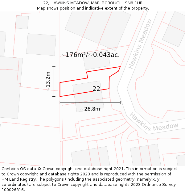 22, HAWKINS MEADOW, MARLBOROUGH, SN8 1UR: Plot and title map