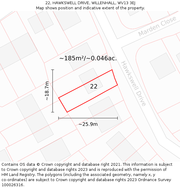 22, HAWKSWELL DRIVE, WILLENHALL, WV13 3EJ: Plot and title map
