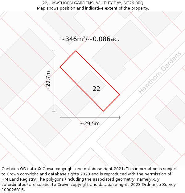 22, HAWTHORN GARDENS, WHITLEY BAY, NE26 3PQ: Plot and title map