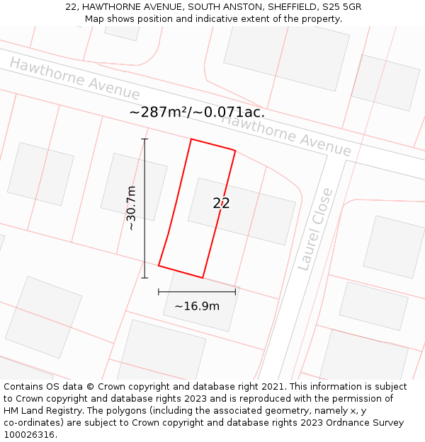 22, HAWTHORNE AVENUE, SOUTH ANSTON, SHEFFIELD, S25 5GR: Plot and title map