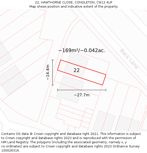 22, HAWTHORNE CLOSE, CONGLETON, CW12 4UF: Plot and title map