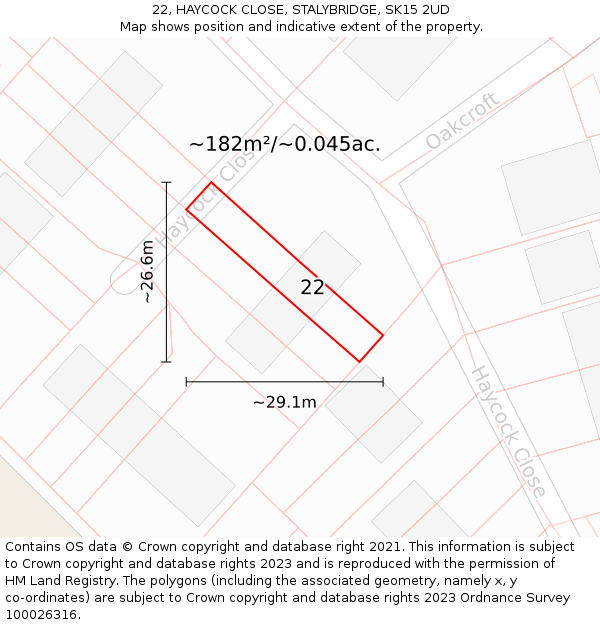 22, HAYCOCK CLOSE, STALYBRIDGE, SK15 2UD: Plot and title map