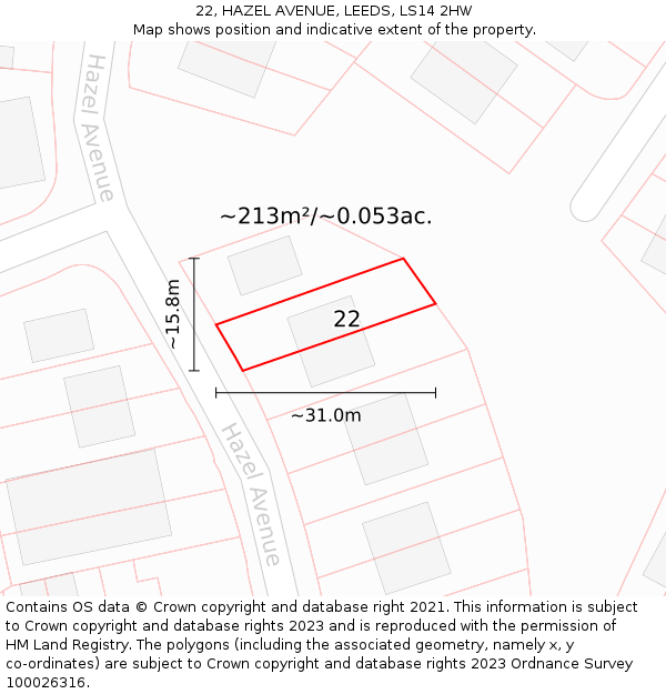22, HAZEL AVENUE, LEEDS, LS14 2HW: Plot and title map