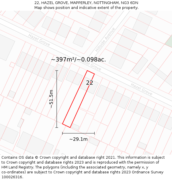 22, HAZEL GROVE, MAPPERLEY, NOTTINGHAM, NG3 6DN: Plot and title map