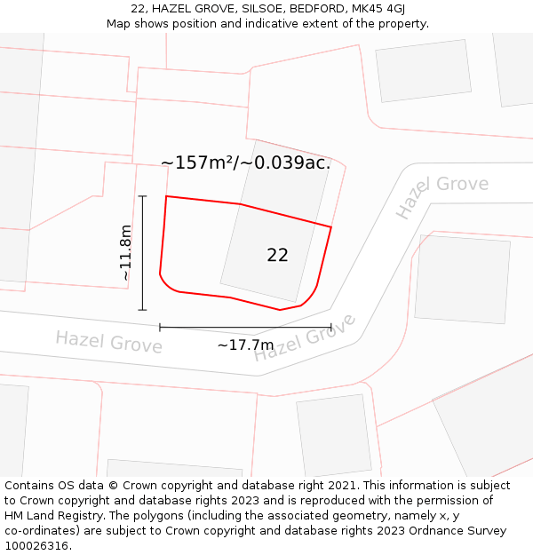 22, HAZEL GROVE, SILSOE, BEDFORD, MK45 4GJ: Plot and title map