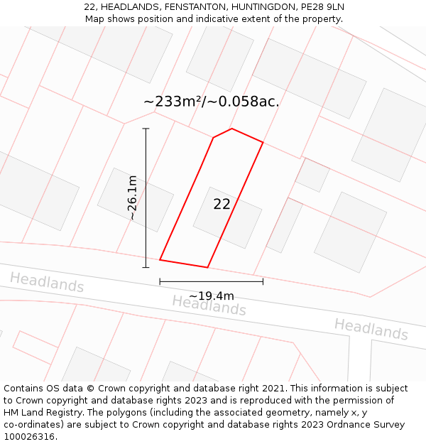 22, HEADLANDS, FENSTANTON, HUNTINGDON, PE28 9LN: Plot and title map