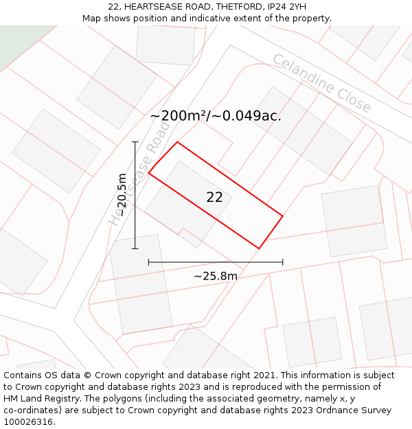 22, HEARTSEASE ROAD, THETFORD, IP24 2YH: Plot and title map