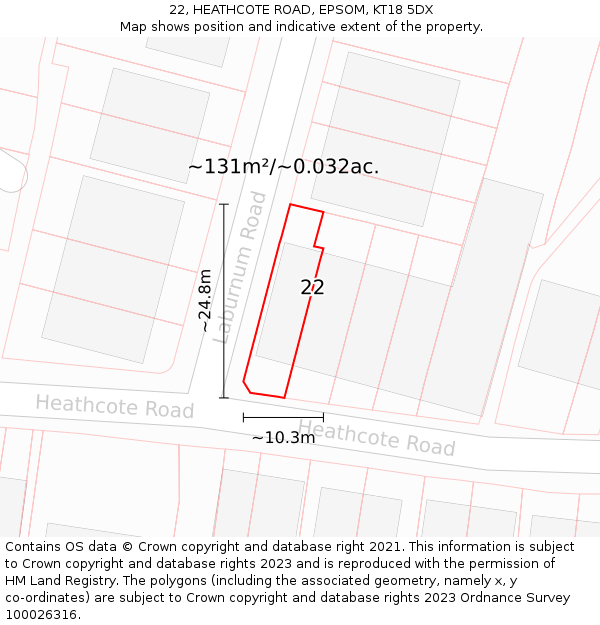 22, HEATHCOTE ROAD, EPSOM, KT18 5DX: Plot and title map