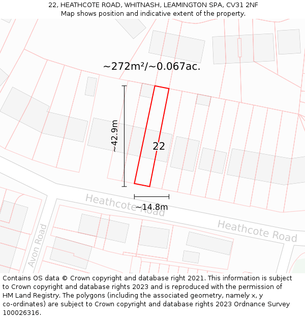 22, HEATHCOTE ROAD, WHITNASH, LEAMINGTON SPA, CV31 2NF: Plot and title map