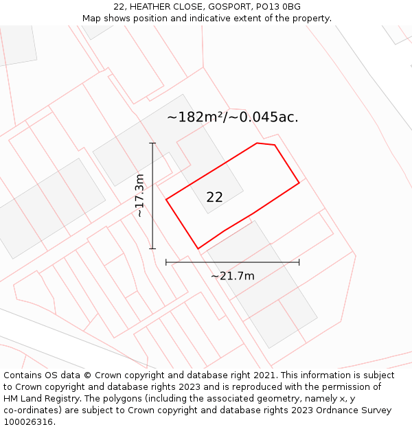 22, HEATHER CLOSE, GOSPORT, PO13 0BG: Plot and title map