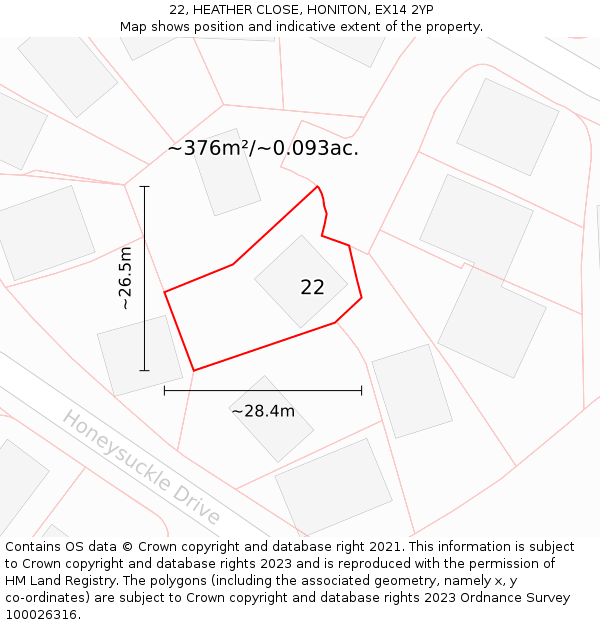 22, HEATHER CLOSE, HONITON, EX14 2YP: Plot and title map