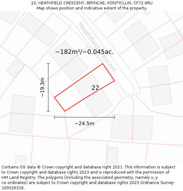 22, HEATHFIELD CRESCENT, BRYNCAE, PONTYCLUN, CF72 9RU: Plot and title map