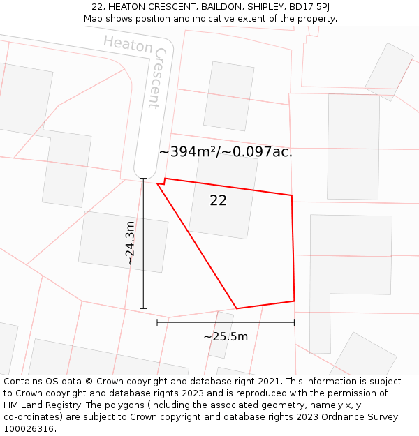 22, HEATON CRESCENT, BAILDON, SHIPLEY, BD17 5PJ: Plot and title map
