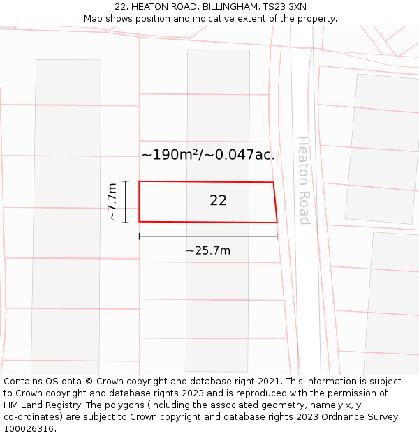 22, HEATON ROAD, BILLINGHAM, TS23 3XN: Plot and title map