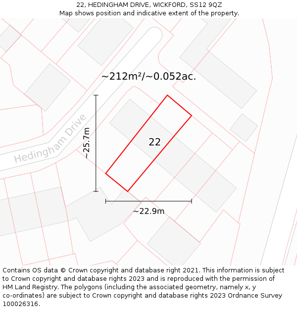 22, HEDINGHAM DRIVE, WICKFORD, SS12 9QZ: Plot and title map