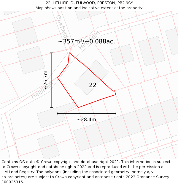22, HELLIFIELD, FULWOOD, PRESTON, PR2 9SY: Plot and title map